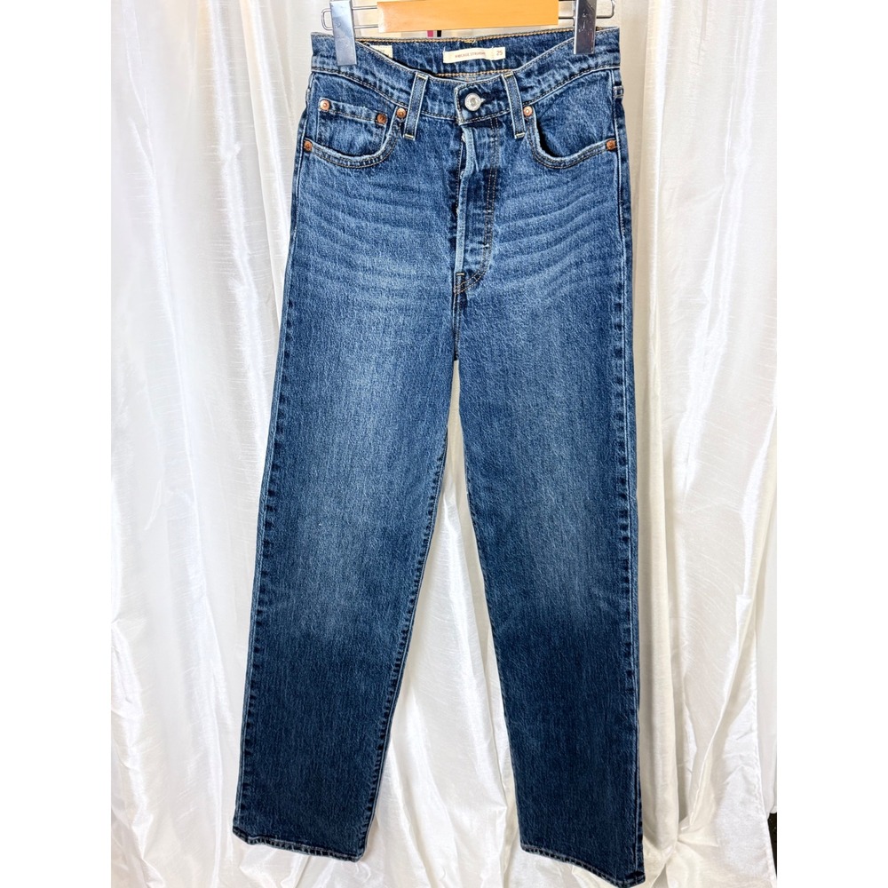 Levi's Ribcage Straight Jeans Women 25 Blue High Rise Button Fly Denim